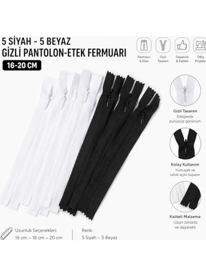 Defne Store 5 Siyah-5 Beyaz Gizli Pantolon-Etek Fermuarı (16-20 Cm)