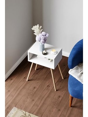 Defne Store Ahşap Ayaklı Raflı Komodin - Beyaz