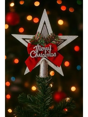 aklow akyoleticaret Yılbaşı Ağacı Yıldızı, Gold Kurdelalı, Merry Christmas Yazılı, Gümüş
