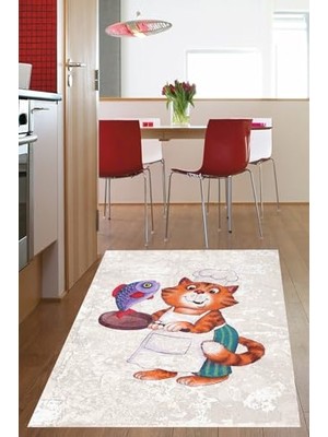 aklow akyoleticaret Pelangi Aşçı Kedi Balık Desenli Dijital Baskılı Kaymayı Önleyici Taban Yıkanabilir Leke Tutmaz Mutfak Halısı, Bej 40 x 40