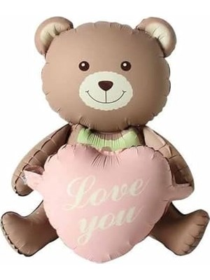 aklow akyoleticaret Love You Yazılı Retro Pembe Kalpli Kahverengi Oturan Ayı Folyo Balon
