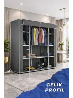 aklow akyoleticaret Teknor Metal Çift Askılı Bez Dolap Gri 155X160X45 cm – Geniş Hacimli Portatif Gardırop, Raflı Kumaş Dolap, Fermuarlı Elbise Düzenleyici