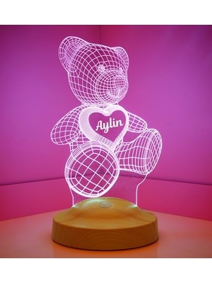 aklow akyoleticaret Isimli Kalpli 3D Ayıcık Teddy LED Lamba, Sevgiliye Romantik Aşk Hediyesi