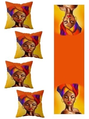 aklow akyoleticaret Afrika Kadın Desenli Dekoratif 4'lü Kırlent Kılıfı ve Runner Seti, Turuncu, 40 x 140