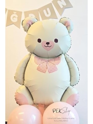 aklow akyoleticaret Papyonlu Retro Krem Ayı Balon Pembe Detaylı Folyo Balon