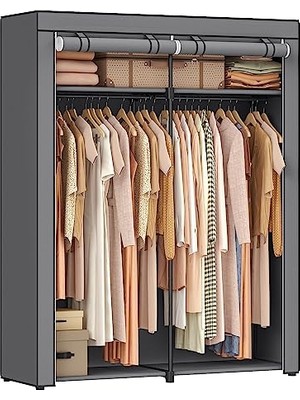 aklow akyoleticaret RYG02GY Elbise Dolabı, 2 Elbise Askılı Gardırop, Kıyafet Muhafazası, Kumaş Dolap, Elbise Askısı, Katlanabilir, Giyinme Odası, Yatak Odası, 43 x 140 x 174 Cm, Gri
