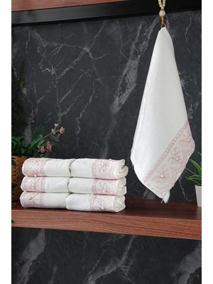 aklow akyoleticaret %100 Pamuklu Kadife Güpürlü Inci Işlemeli 6'lı Çeyizlik El ve Yüz Havlu Seti 30X50 cm - 04466 - Pembe