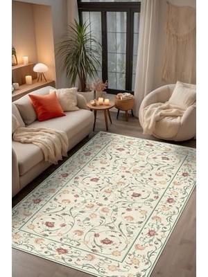 aklow akyoleticaret Çiçekli Şönil Kaymaz Doğal Pamuk Tabanlı Yıkanabilir Antibakteriyel Çevre Dostu Salon Halısı 140X200