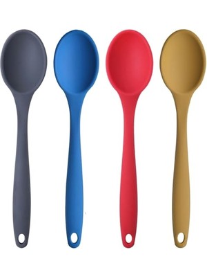 aklow akyoleticaret Silikon Büyük Boy Kaşık Seti, Yanmaz Yapışmaz, Çok Renkli, Mavi, Sarı, Kırmızı, Antrasit, 27 Cm, 4 Adet Set, Bpa Free