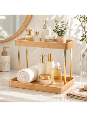 aklow akyoleticaret 2 Katlı Bambu Organizer Standı, Altın Renk Tezgâh Üstü Düzenleyici Raf