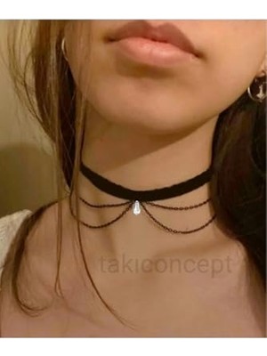 aklow akyoleticaret Kristal Damla Taş Detaylı Siyah Zincirli Kadife Choker Kadın Kolye, SIYAH15
