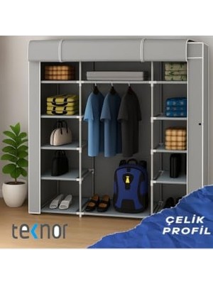 aklow akyoleticaret Teknor Çift Yandan Metal Profil Iskeletli Bez Dolap Gri – 11 Raflı Portatif Gardırop, Geniş Hacimli Kumaş Elbise Dolabı, Askılı Kıyafet Düzenleyici