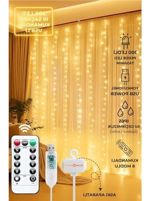 Şanal Dekoratif Peri LED Işık - 3x3 Metre 300 LED ve Uzaktan Kumanda ile