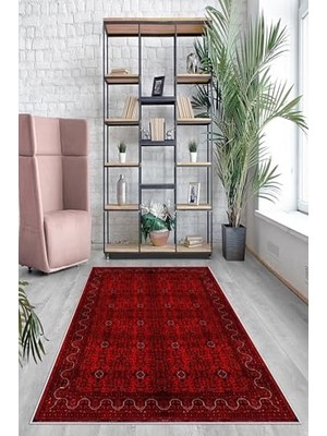 aklow akyoleticaret Pelangi Kırmızı Zemin Çerçeveli Yıkanabilir Kaymayı Önleyici Taban Leke Tutmaz Modern Salon Halısı ve Yolluk, Koyu Kırmızı 80 x 250