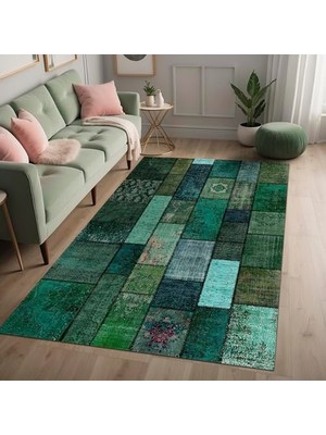 aklow akyoleticaret Trunk Patchwork Desenli Şönil Pamuk Tabanlı Yıkanabilir Kaymaz Antibakteriyel Salon Halısı 200X300