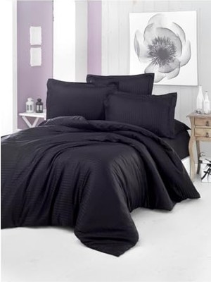 aklow akyoleticaret %100 Pamuk Saten (Lastikli Çarşaflı) Çizgili Tek Kişilik Nevresim Takımı Siyah 120 x 200 ALENANM217