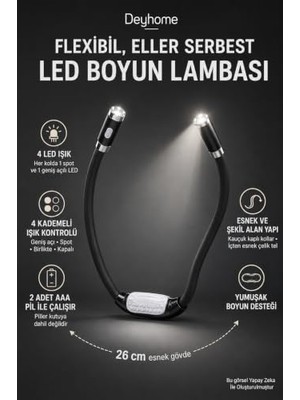 aklow akyoleticaret 4 LED Esnek Boyun Okuma Lambası, Pilli, Eller Serbest, Siyah