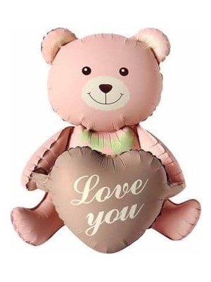 aklow akyoleticaret Pembe Oturan Ayı Şeklinde Love You Yazılı Retro Karamel Kalpli Folyo Balon