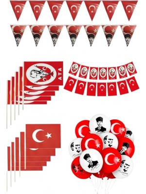 aklow akyoleticaret 29 Ekim ve 23 Nisan Için Atatürk Baskılı Çıtalı Bayraklı Balon Seti, 7 Çeşit, 1 Paket
