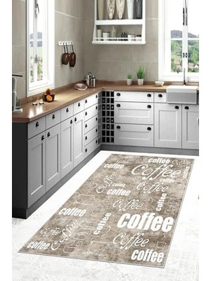 aklow akyoleticaret Kahverengi Zemin Coffee Temalı Yıkanabilir Kaymaz Taban Leke Tutmaz Modern Mutfak Halısı, Bej 100 x 250