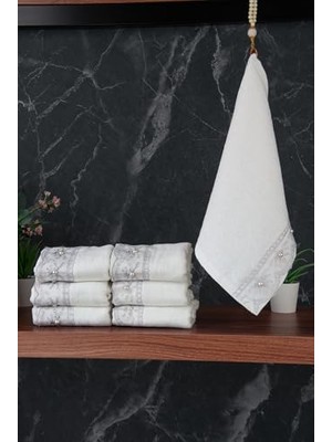 aklow akyoleticaret Havlu; % 100 Pamuklu Kadife Güpürlü Inci Işlemeli 6'lı Çeyizlik El Yüz Seti, 30X50 Cm, 04466, Gri