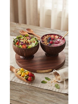 Tolu Gerçek Hindistan Cevizi Kase- 2'li Set Kase & Çerezlik – Smoothie Bowl Coconut El Yapımı Klasik Sunum Kabı