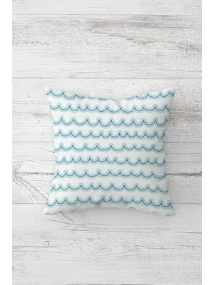 aklow akyoleticaret Mavi Dalga Çizgili Çift Taraflı Baskılı Gizli Fermuarlı Yastık Kılıfı, Beyaz-Mint-Lacivert 45 x 45