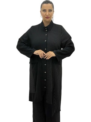 AlanyaXXL Büyük Beden Çizgili Düğmeli Tunik Gömlek Pantolon Oversize Kadın Takım