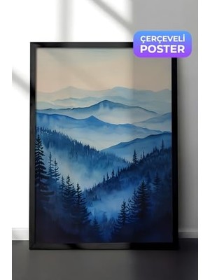 aklow akyoleticaret Siyah Çerçeveli Duvar Tablosu Sisli Çam Ormanları ve Dağlar Doğa Manzarası Salon Dekoru, 50 x 70