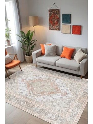 aklow akyoleticaret Artur Vintage Desenli Şönil Pamuk Tabanlı Yıkanabilir Kaymaz Antibakteriyel Salon Halısı 80X200