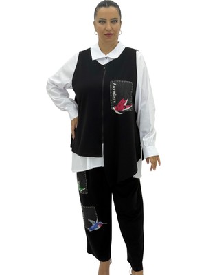 AlanyaXXL Büyük Beden Nakışlı Gömlek Pantolon Yelek Üçlü Oversize Kadın Takım
