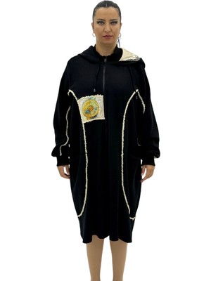 AlanyaXXL Büyük Beden Pamuklu Fermuarlı Kapüşonlu Uzun Oversize Hırka Kadın Kaban