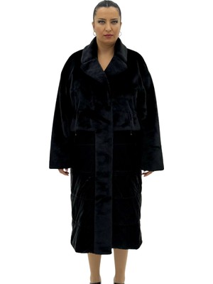 AlanyaXXL Büyük Beden Kürklü Düğmeli Şişme Uzun Oversize Kadın Kaban