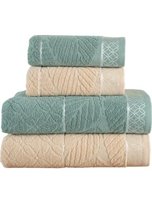 aklow akyoleticaret Leaf Çift Renk Jakarlı Banyo Havlu Takımı, 4'lü Paket 2 Parça (70X140), 2 Parça (50X90) Yumuşak ve Emici, Kaliteli Günlük Kullanıma Uygun %100 Pamuk Havlu (Yeşil-Krem)