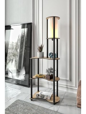 aklow akyoleticaret Safir Meşe Dekoratif Ahşap Lambader, 3 Kat Raflı, E27 Duy, 140 cm