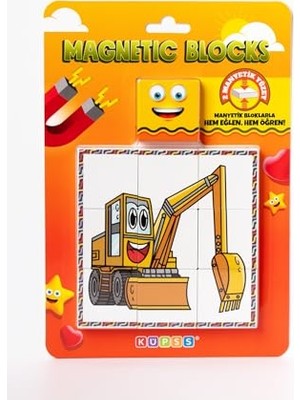aklow akyoleticaret Manyetik Blok, Çift Taraflı, 9 Parçalı, Mıknatıslı Kepçe-Forklift Puzzle, 2 Görsel Yapboz