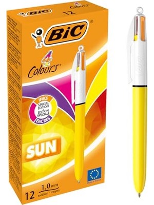 aklow akyoleticaret 4 Colours Sun Tükenmez Kalem, 12'li Kutu, 1.0 mm Uç, Sarı, Mor, Turuncu ve Pembe