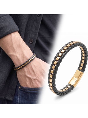 Fm 💎 Premium Parlak ve Şık Sarı Siyah Deri Örgü Ve Arnavut 316L Çelik Zincir Bileklik 31834B25D1 21 cm