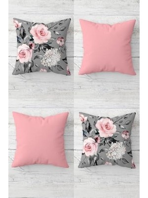 aklow akyoleticaret Gri-Pembe Gül Buketi Desenli ve Düz Kırlent Kılıfı Takımı, 4 Adet, Gizli Fermuarlı, 45 x 45