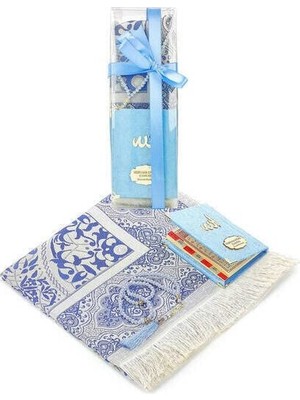 aklow akyoleticaret Özel Set, Isim Baskılı Kadife Kaplı Yasin, Seccade ve Tesbih, Kutulu, Mavi
