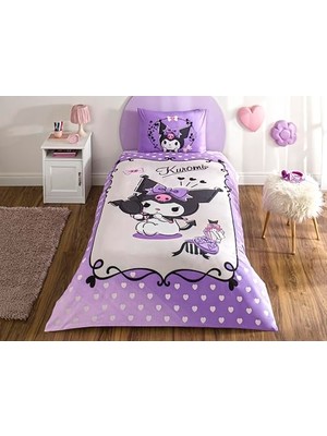 aklow akyoleticaret Kuromi Standart Pamuk Nevresim Takımı, Mor, Lila, Beyaz, Siyah, Tek Kişilik