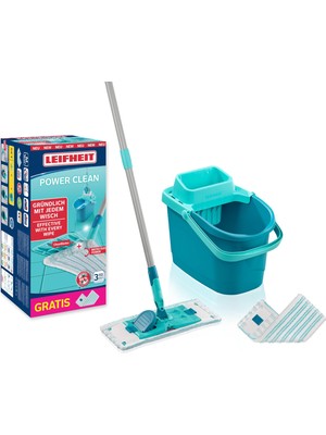 Şanal Leifheit Power Clean M Seti, Sırtı Koruyan Zemin Sileceği, Temizleme Bıçaklı ve Silme Bezi Presli, Kovalı Paspas Seti ve 2 x Mikrofiber Silme Kılıfı, Tüm Sert Zeminler Için, Klik Sistemi