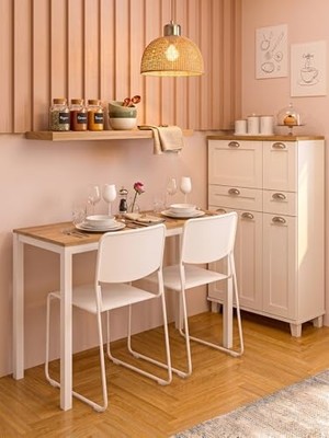 aklow akyoleticaret Minimal Meşe Desenli Çok Amaçlı Mutfak Masası, 116X45X75 cm | Beyaz Metal Profil Ayaklı