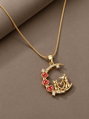 Serelya 316L Çelik Gold Renk Hilal Kedi Model Zirkon Taşlı Detay Kadın Kolye