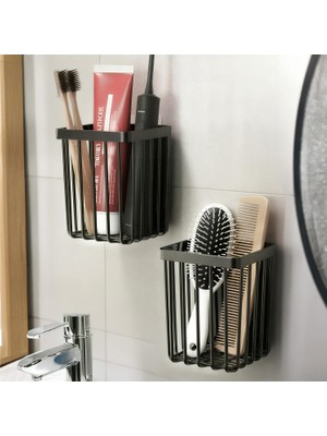 Şanal Ata Home 2'li Set Yapışkanlı Diş Fırçalık, Saç Fırçası Tarak Düzenleyici, Banyo Düzenleyici Banyo Rafı Siyah