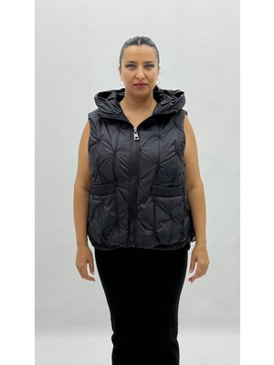 AlanyaXXL Büyük Beden Kapüşonlu Kapitone Oversize Kadın Kısa Yelek