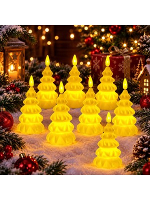 Kuzey Oyuncak Vıp 9 Adet Yılbaşı Ağacı Şeklinde Mum LED Işıklı Mum Yılbaşı Mumu Çam Ağacı Mumu Işıklı Noel Mumu