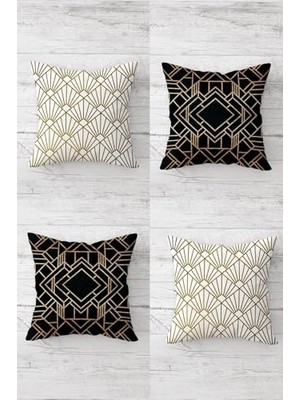 aklow akyoleticaret Gold-Siyah-Beyaz Geometrik Çizgili Kırlent Kılıfı Takımı, 4 Adet, Gizli Fermuarlı, 45 x 45