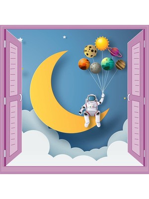 Şanal Çocuk Odası Bebek Odası Pencere Poster Duvar Kağıdı Astronot Ay