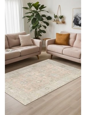 aklow akyoleticaret Carme Vintage Desenli Şönil Pamuk Tabanlı Yıkanabilir Kaymaz Antibakteriyel Salon Halısı, 80X200